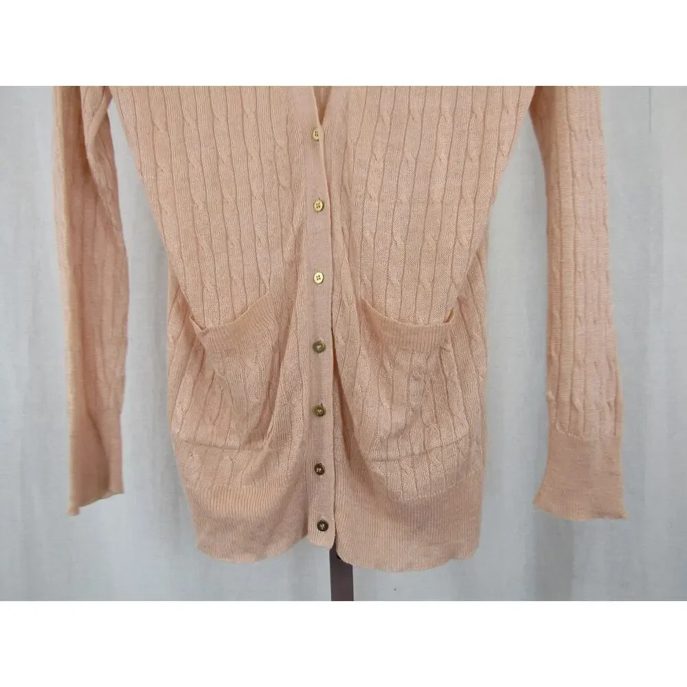 J.Crew Small 100% Linen Peachy Pink Lightweight Open Knit Cardigan Cable Knit